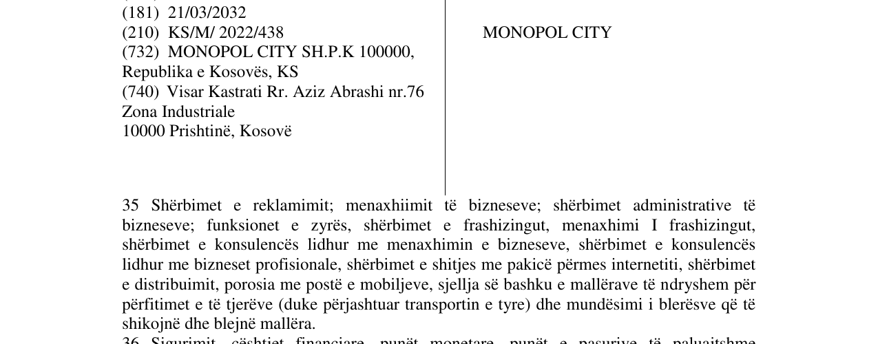 Zëri i markës MONOPOL CITY në buletin