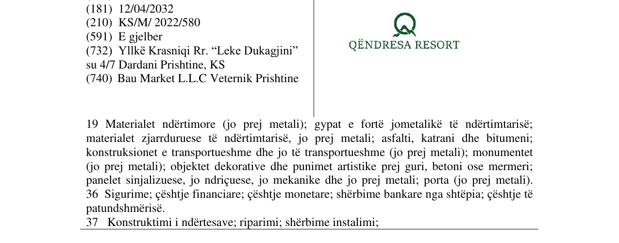 Zëri i markës QENDRESA RESORT në buletin