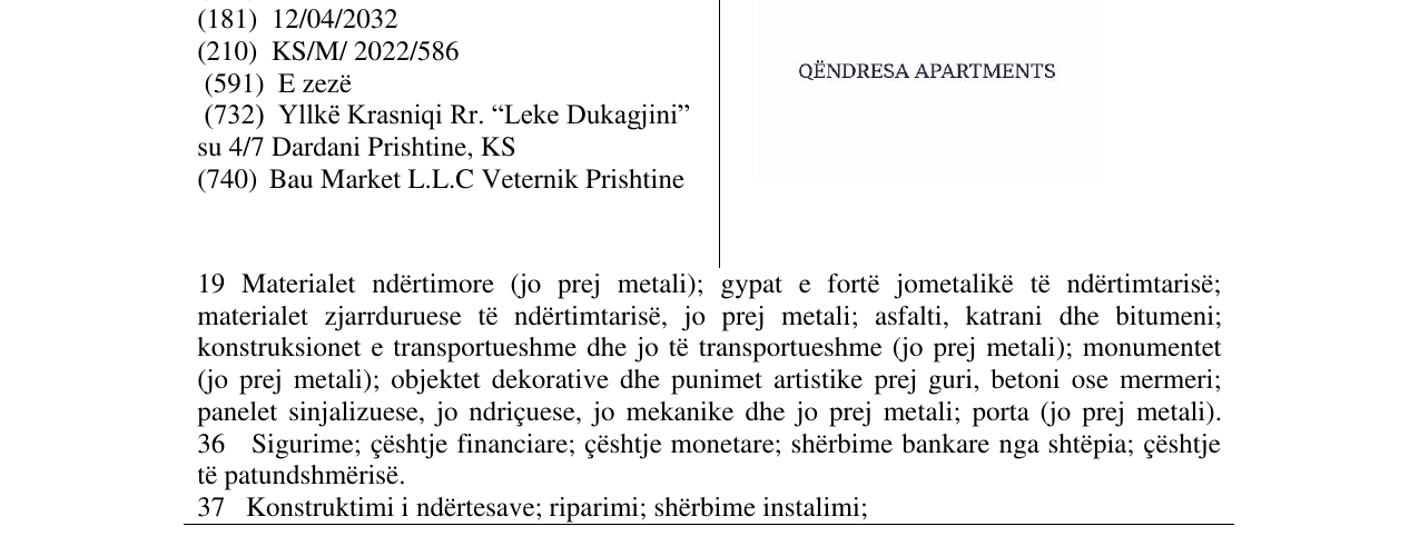 Zëri i markës QENDRESA APARTMENTS në buletin