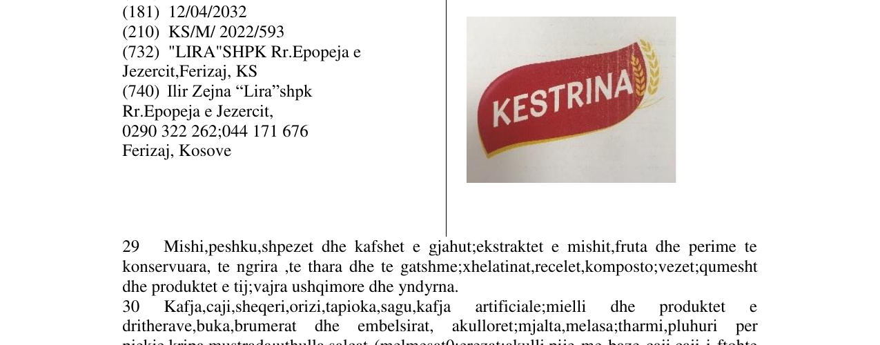 Zëri i markës KESTRINA në buletin