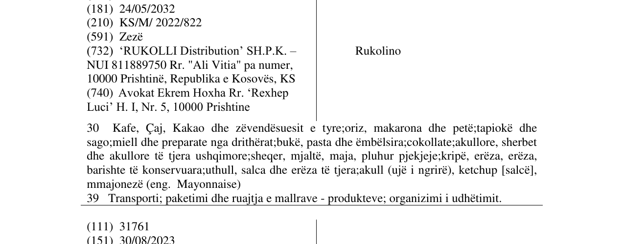 Zëri i markës Rukolino në buletin