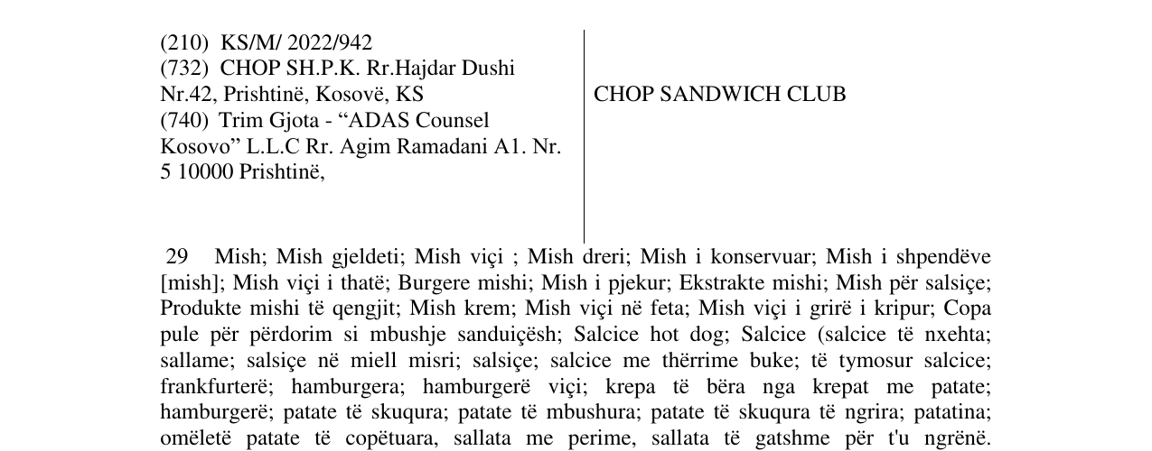 Zëri i markës CHOP SANDWICH CLUB në buletin