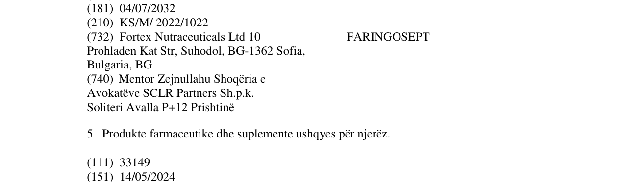 Zëri i markës FARINGOSEPT në buletin