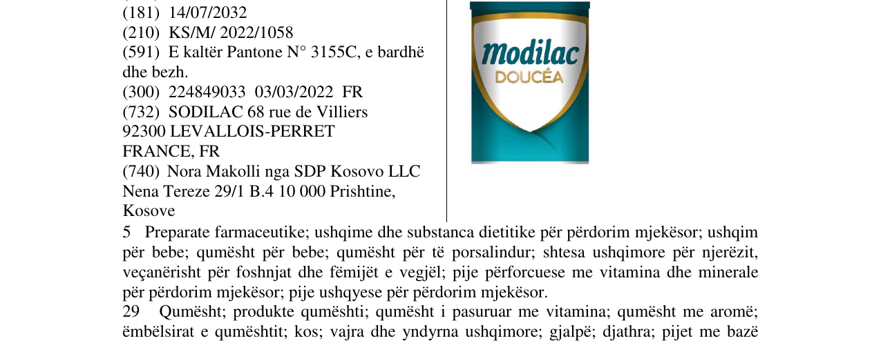 Zëri i markës modilac DOUCEA në buletin