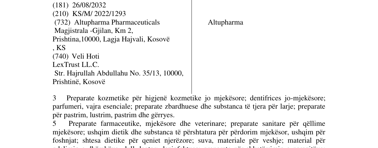 Zëri i markës Altupharma në buletin