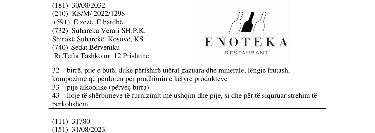 Zëri i markës RESTORANT ENOTEKA në buletin