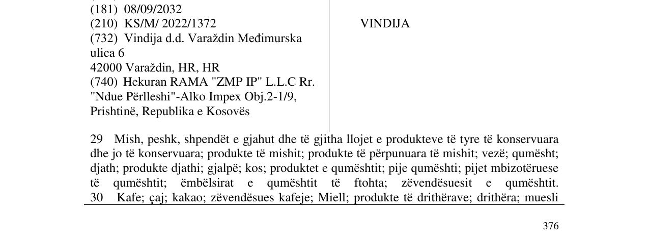 Zëri i markës VINDIJA në buletin