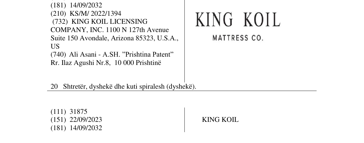Zëri i markës KING KOIL MATTRESS CO. në buletin