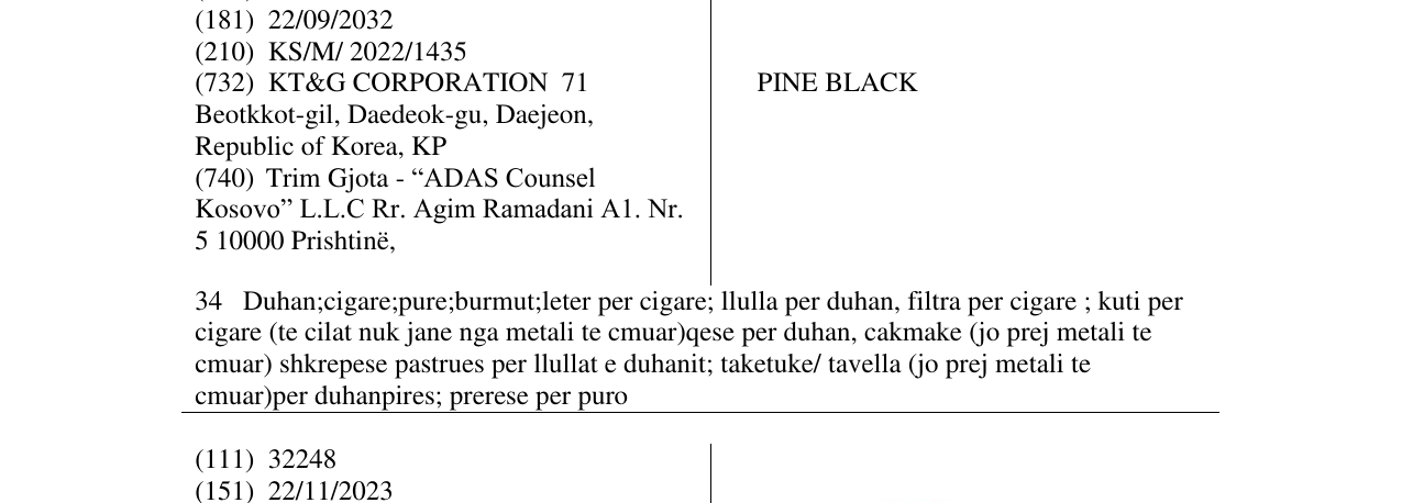 Zëri i markës PINE BLACK në buletin