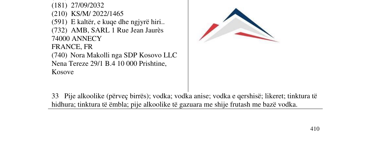 Zëri i markës 33 Pije alkoolike (përveç birrës); vodka; vodka anise; vodka e qershisë; likeret; tinktura të hidhura; tinktura të ëmbla; pije alkoolike të gazuara me shije frutash me bazë vodka. në buletin