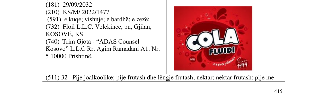Zëri i markës cola fluidi në buletin