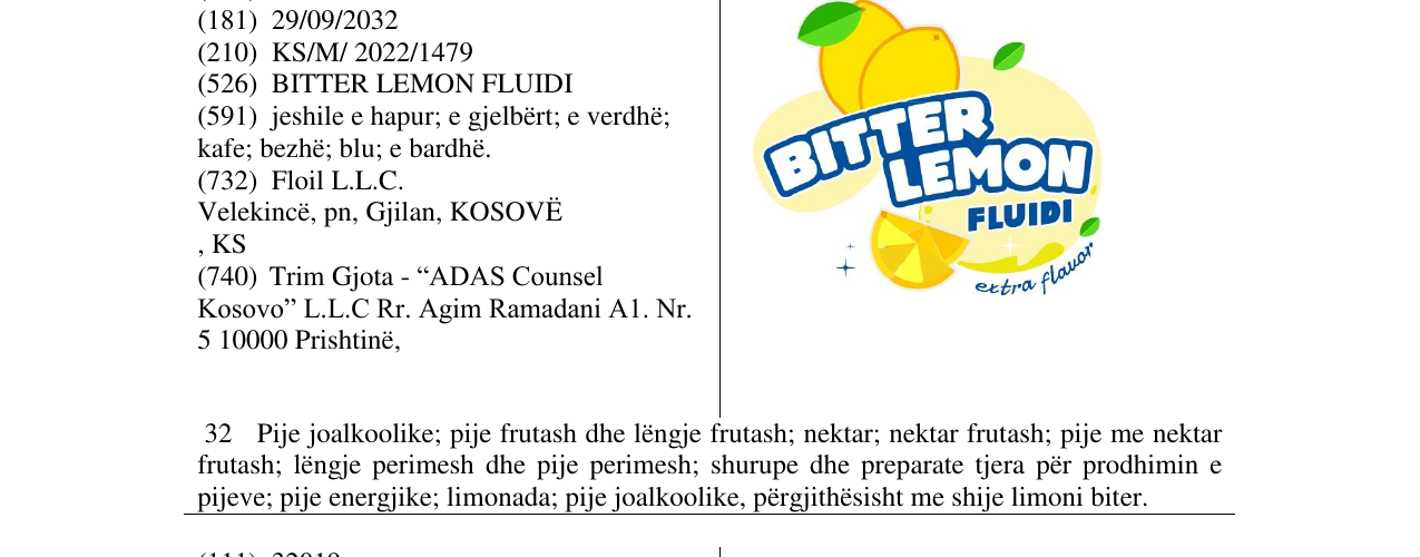 Zëri i markës BITTER LEMON FLUIDI në buletin