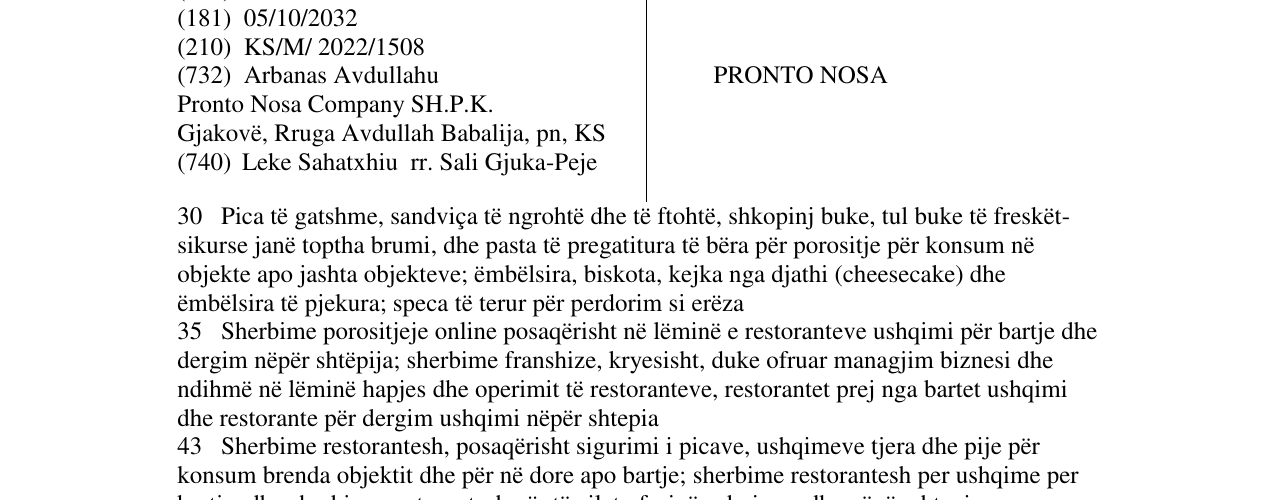Zëri i markës PRONTO NOSA në buletin