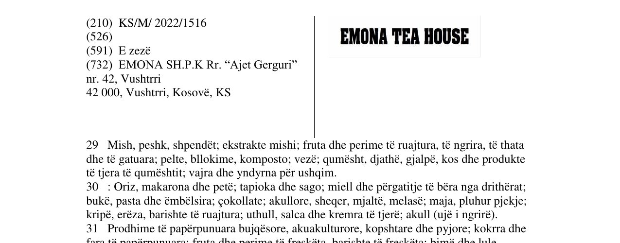 Zëri i markës EMONA TEA HOUSE në buletin