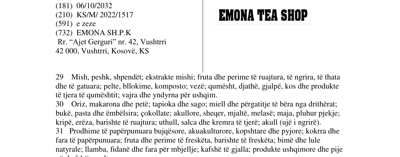 Zëri i markës EMONA TEA SHOP në buletin