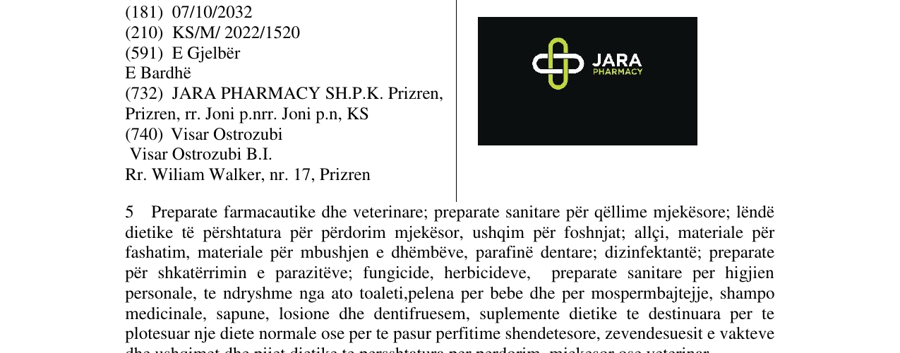 Zëri i markës JARA PHARMACY në buletin