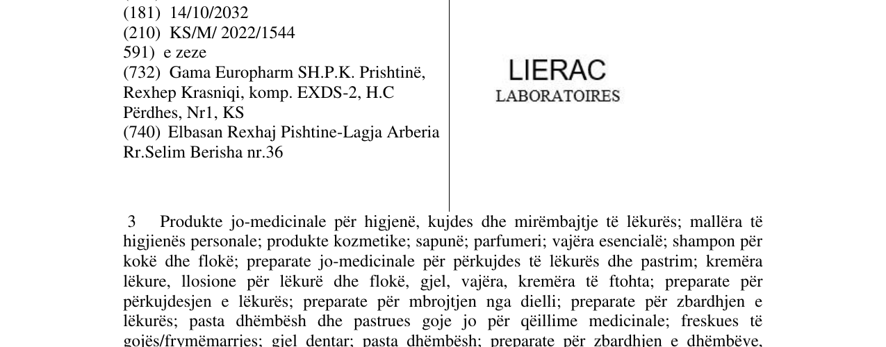 Zëri i markës LIERAC LABORATOIRES në buletin