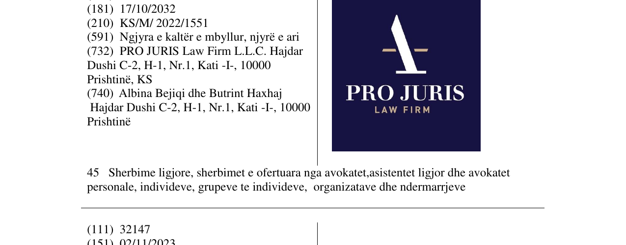 Zëri i markës PRO JURIS LAW FIRM në buletin
