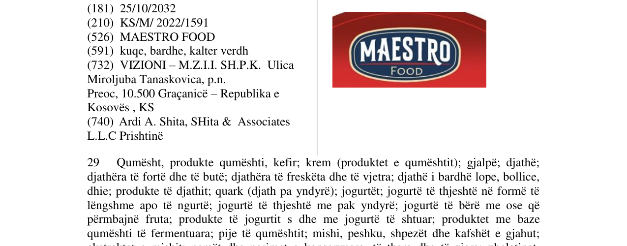 Zëri i markës MAESTRO FOOD në buletin