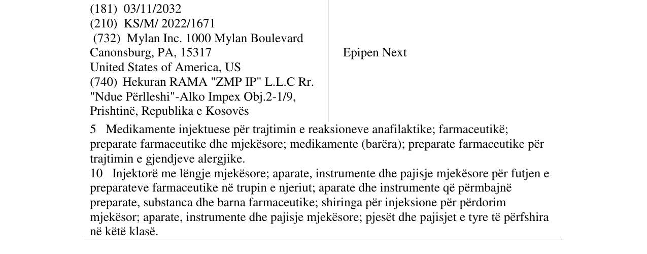 Zëri i markës Epipen Next në buletin