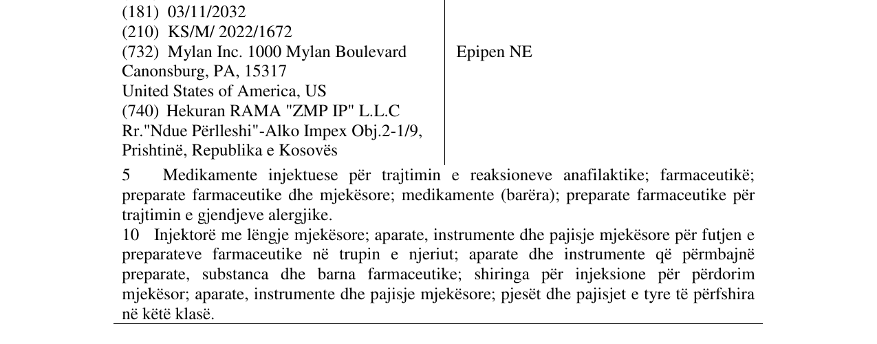 Zëri i markës Epipen NE në buletin