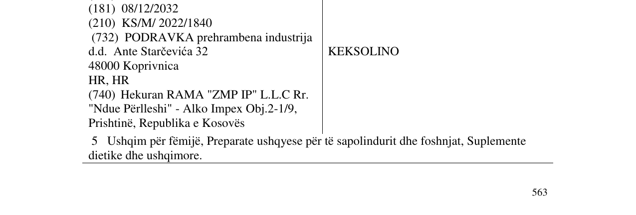 Zëri i markës KEKSOLINO në buletin