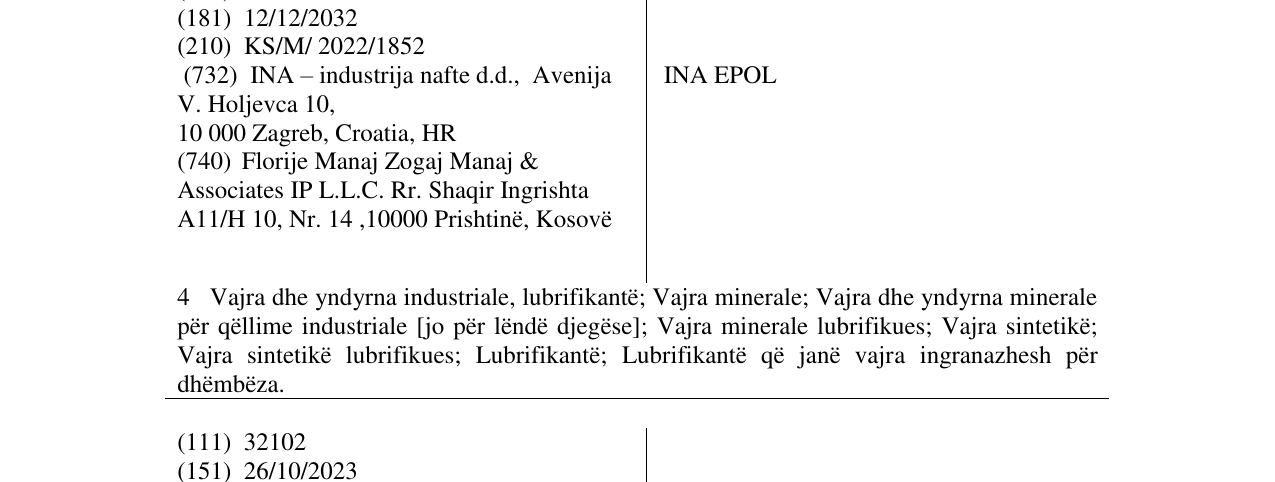 Zëri i markës INA EPOL në buletin