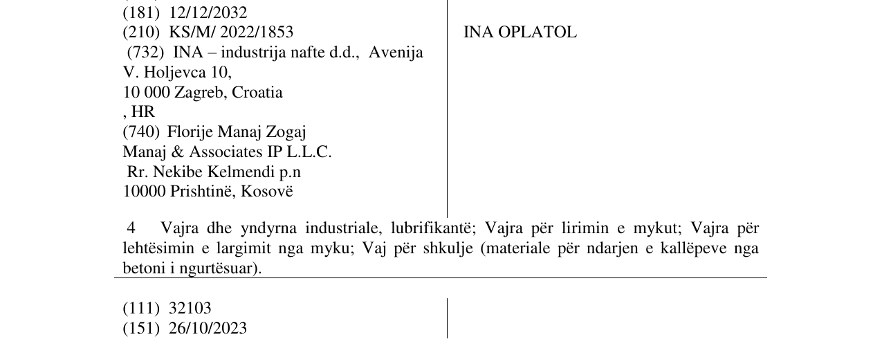 Zëri i markës INA OPLATOL në buletin