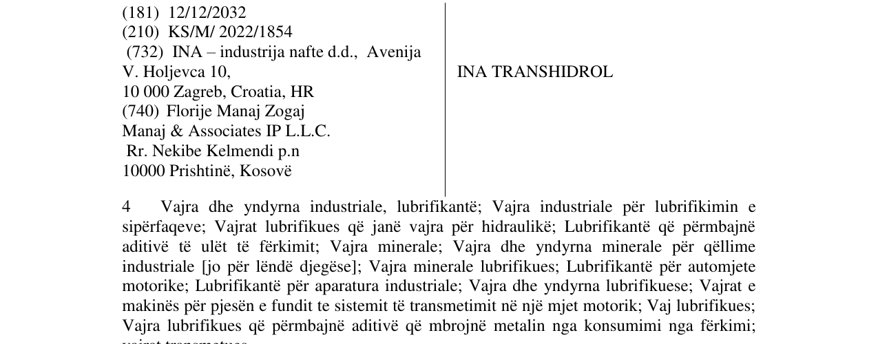 Zëri i markës INA TRANSHIDROL në buletin