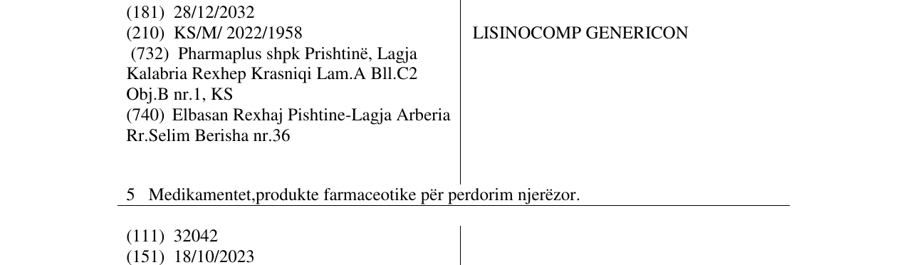 Zëri i markës LISINOCOMP GENERICON në buletin