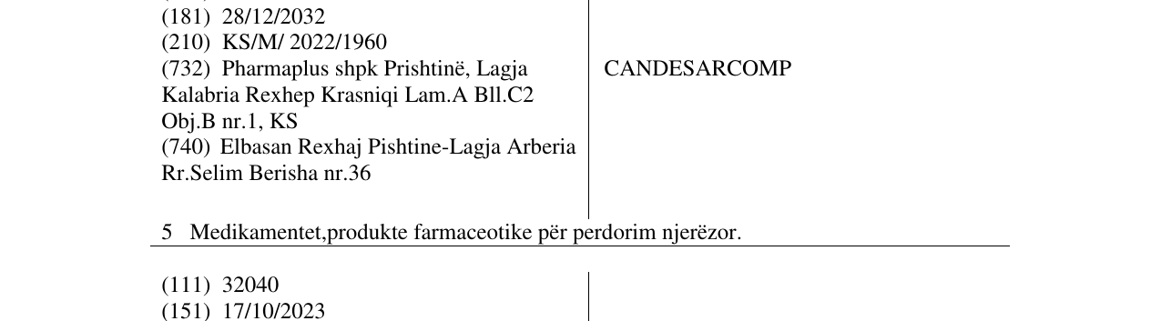 Zëri i markës CANDESARCOMP në buletin