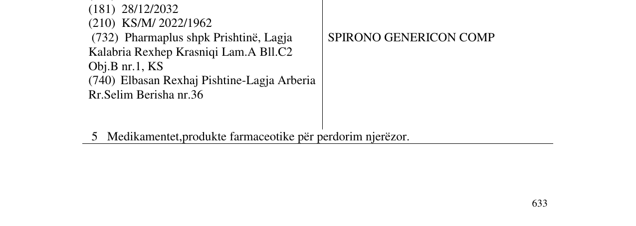 Zëri i markës SPIRONO GENERICON COMP në buletin