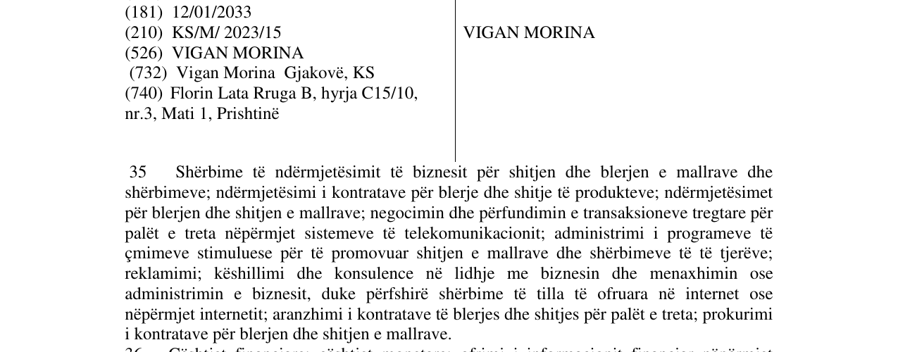 Zëri i markës VIGAN MORINA në buletin
