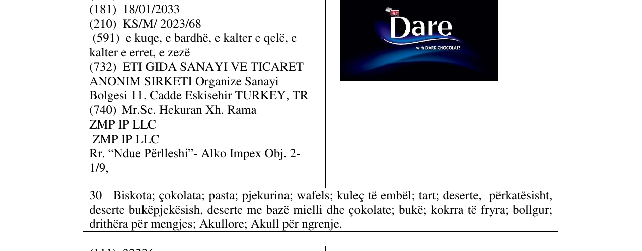 Zëri i markës ETI DARE WITH DARK CHOCOLATE në buletin
