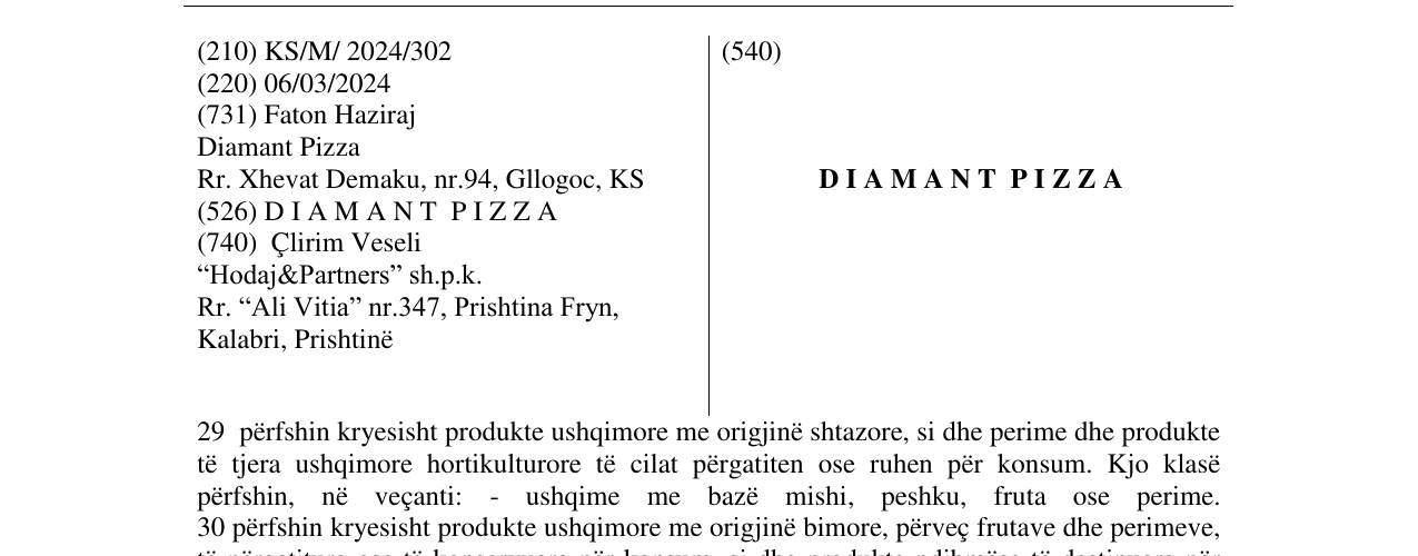 Zëri i markës D I A M A N T P I Z Z A në buletin