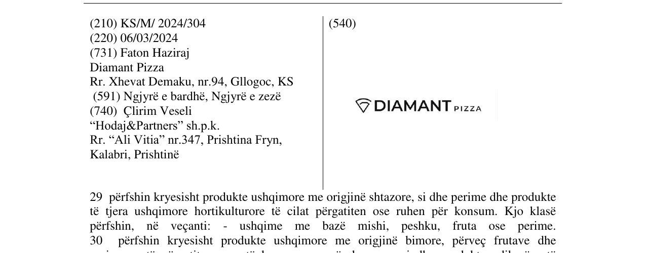 Zëri i markës DIAMANT PIZZA në buletin