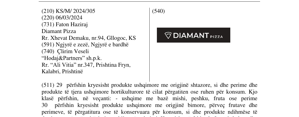 Zëri i markës DIAMANT PIZZA në buletin