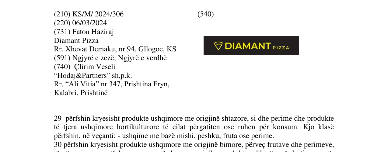 Zëri i markës DIAMANT PIZZA në buletin