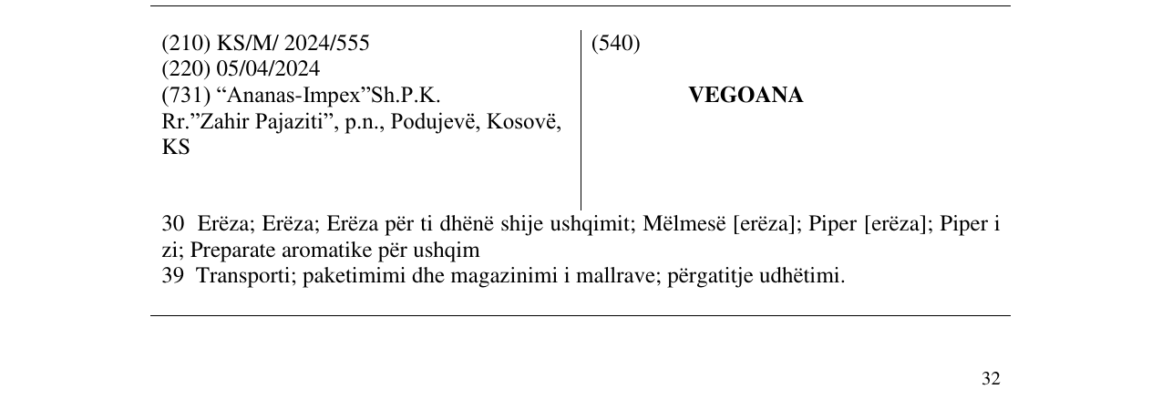 Zëri i markës VEGOANA në buletin