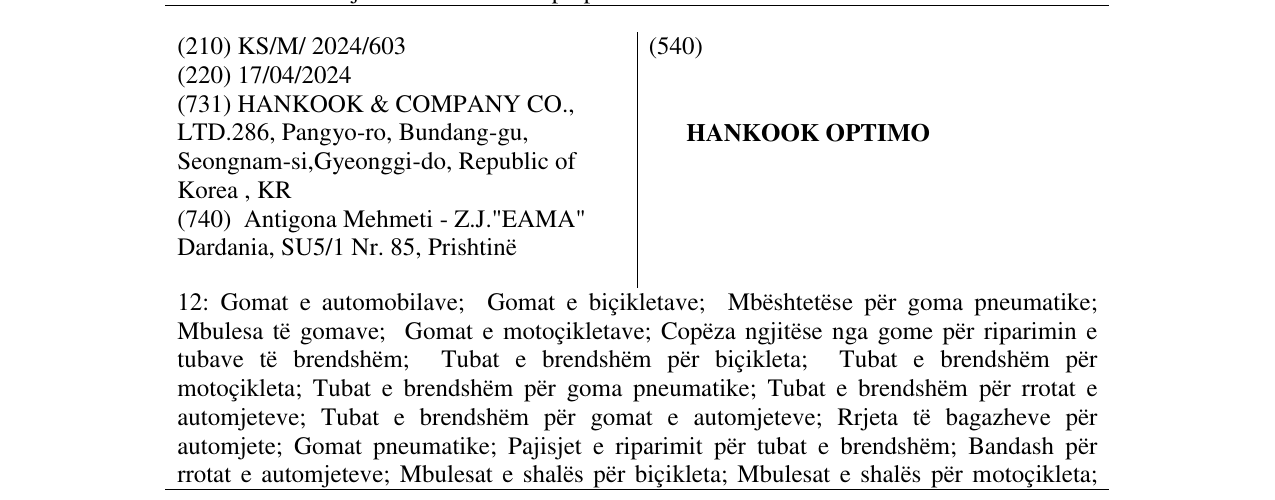 Zëri i markës HANKOOK OPTIMO në buletin