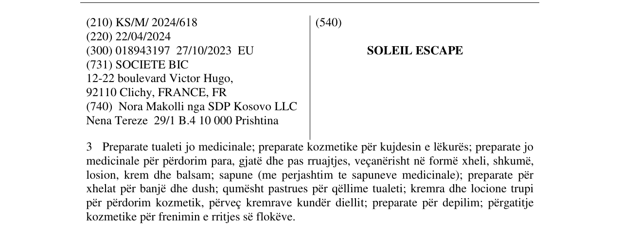 Zëri i markës SOLEIL ESCAPE në buletin