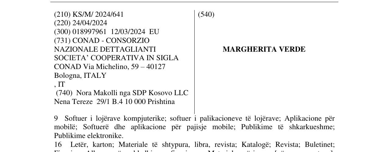 Zëri i markës MARGHERITA VERDE në buletin