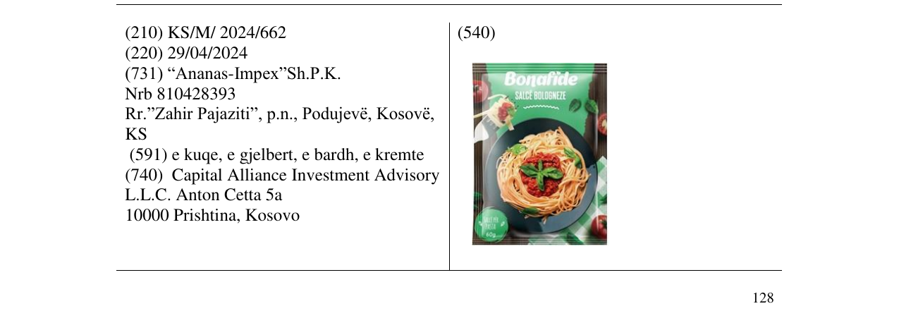 Zëri i markës salcë Bolognez në buletin