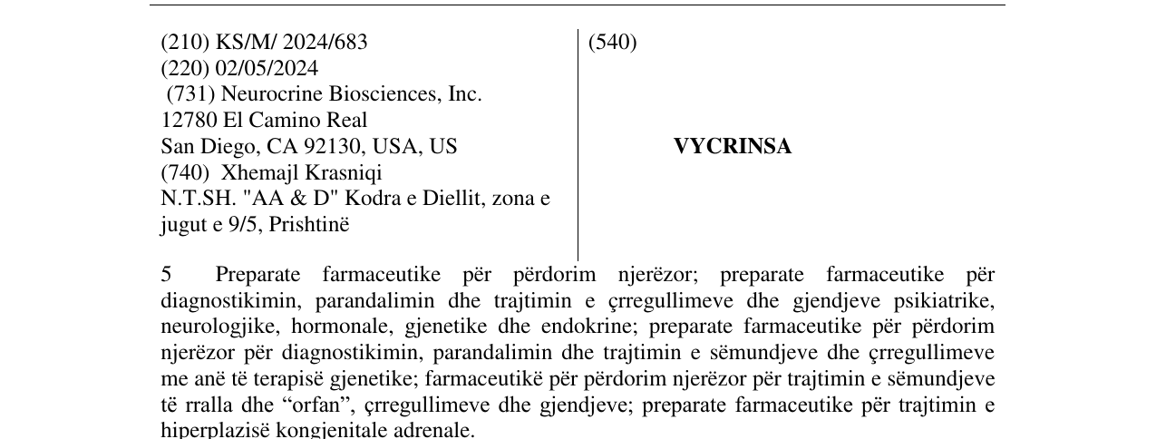 Zëri i markës VYCRINSA në buletin