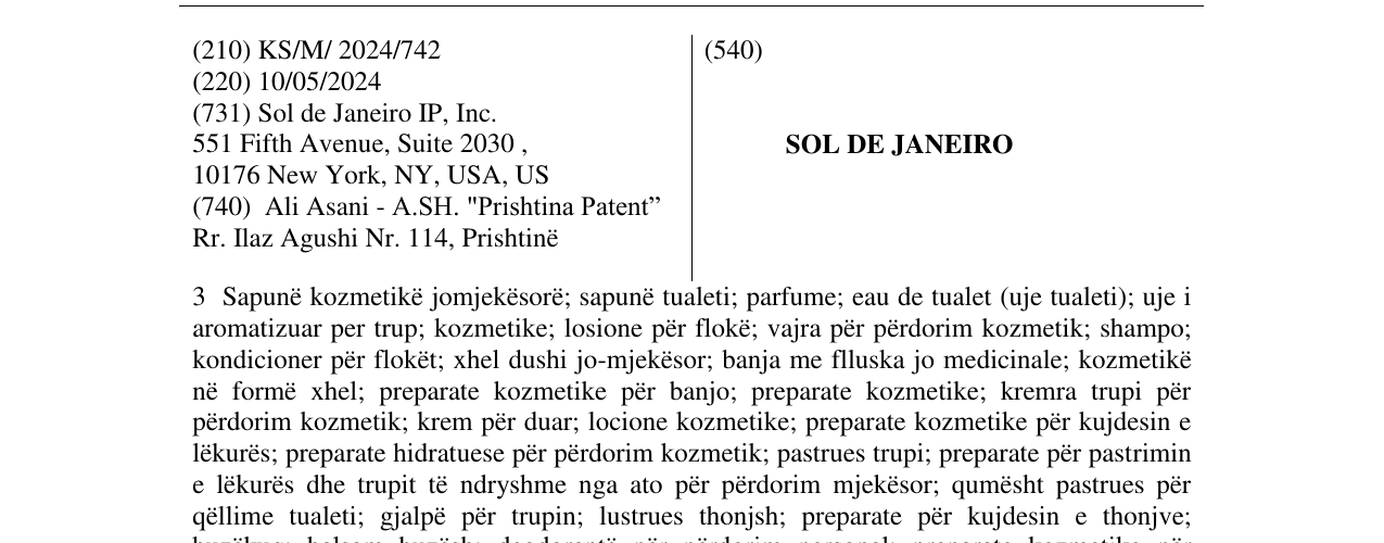 Zëri i markës SOL DE JANEIRO në buletin