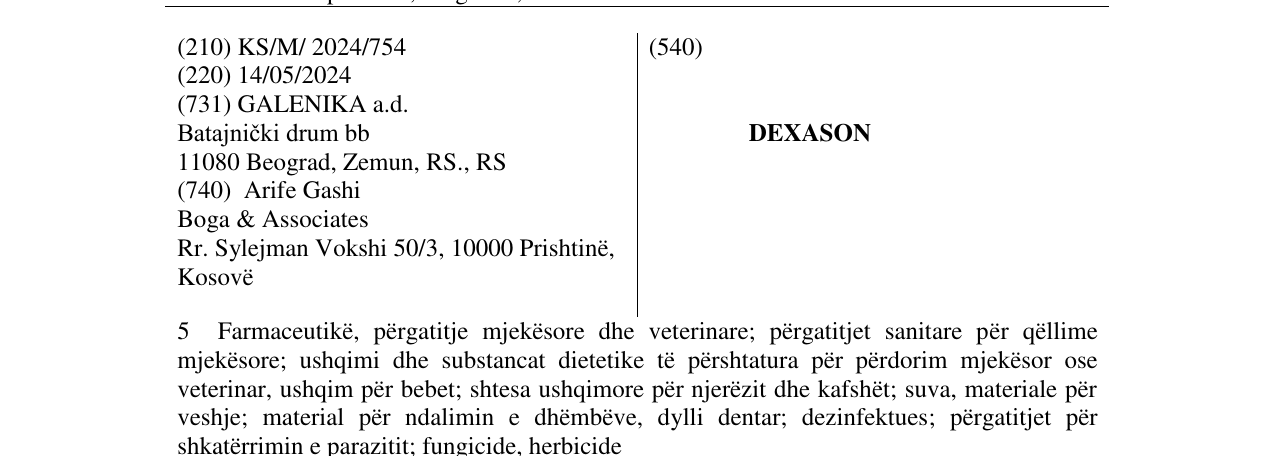 Zëri i markës DEXASON në buletin