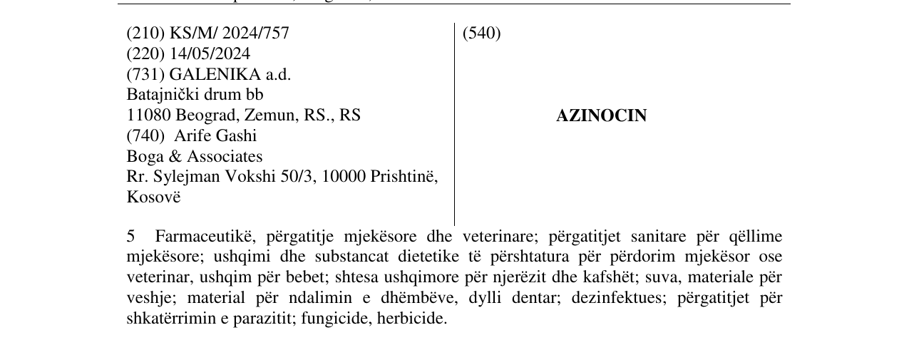 Zëri i markës AZINOCIN në buletin
