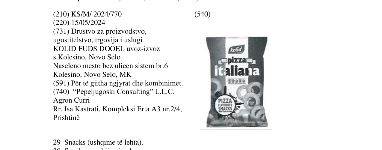 Zëri i markës kolid pizza italiana në buletin