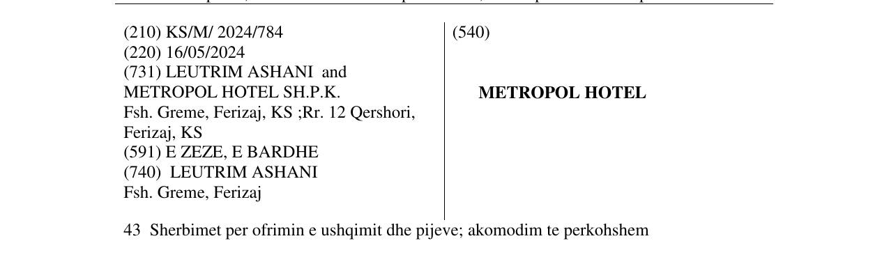Zëri i markës METROPOL HOTEL në buletin