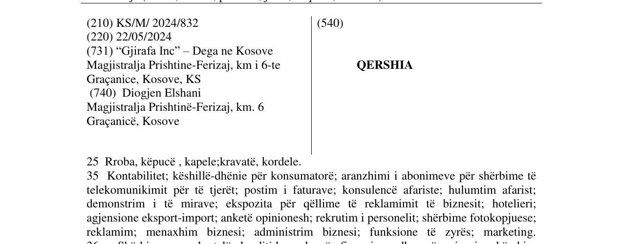 Zëri i markës QERSHIA në buletin
